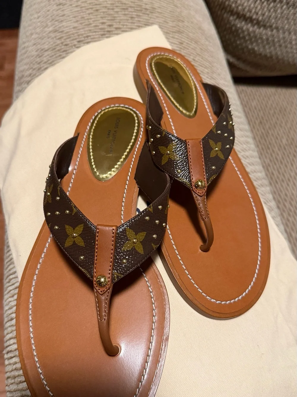 Louis Vuitton Brown Monogram Gold-Stud Thong Sandals